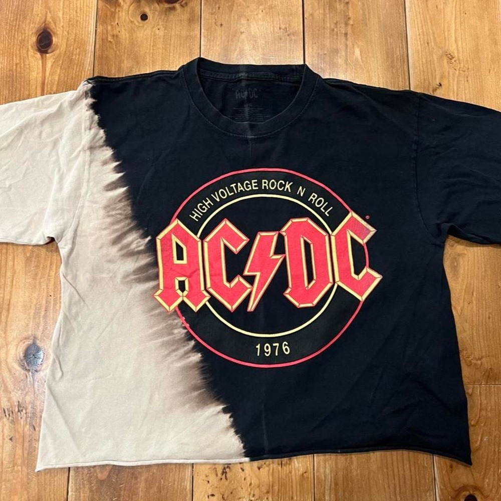 AC/DC High Voltage Rock N Roll Tie Dye Cropped Graphic T-Shirt Black White Large
